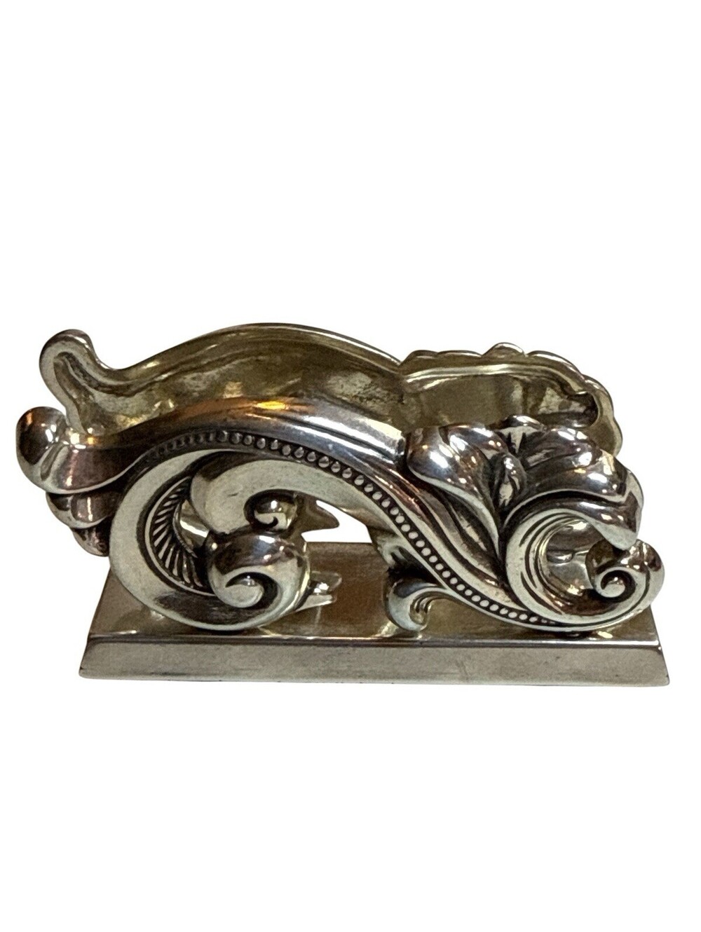 Brighton Swirl Scroll Metal Desk Business Card Holder Display Stand Silver Plate